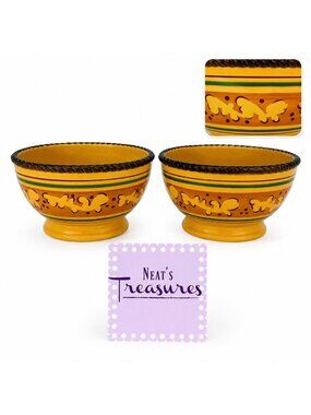 Celebrating Home TUSCAN Orange Yellow Stoneware Footed Soup Cereal Bowls Set 2